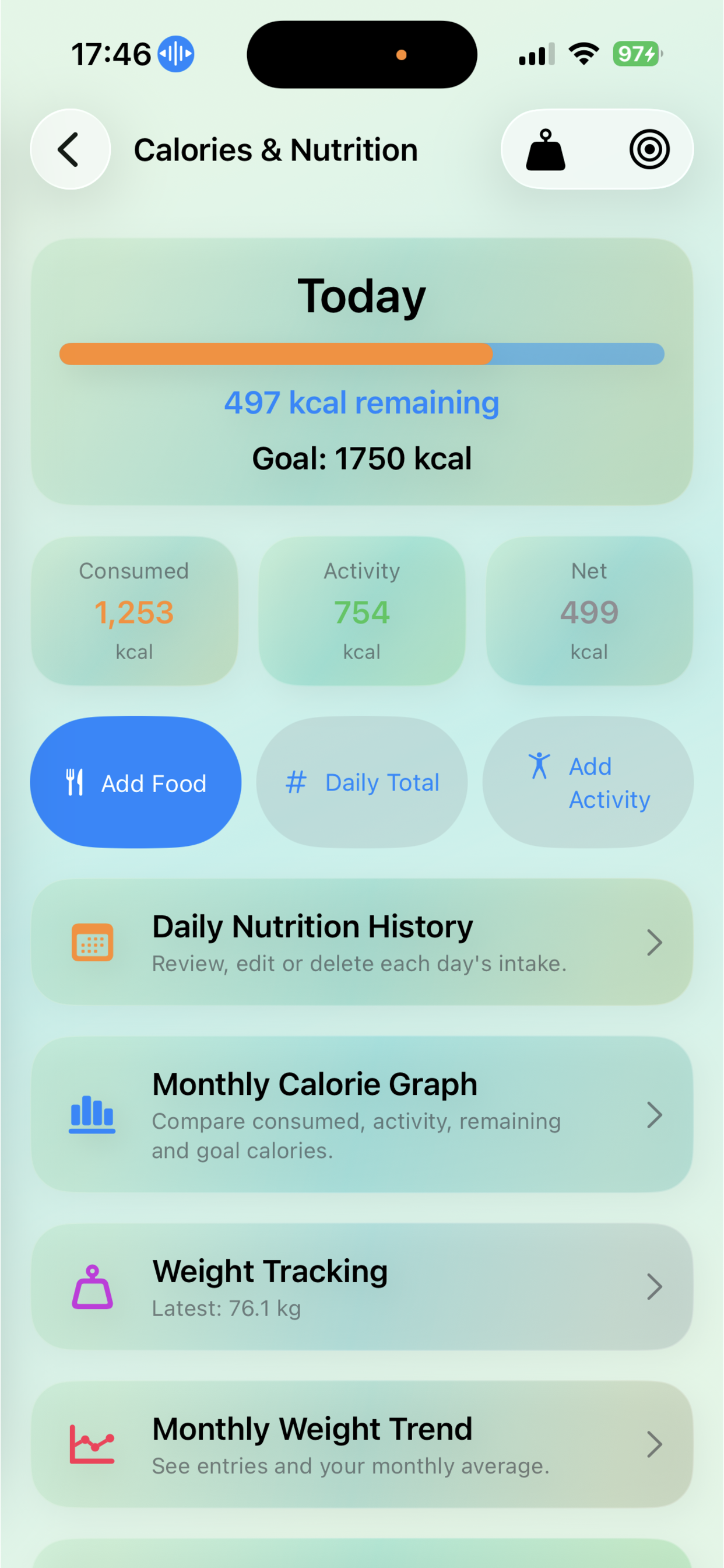 Run Green calories, nutrition, and weight dashboard